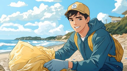 Eco-conscious Gen Z Man Engaging in Beach Cleanup Sans Phone, Promoting Community Service and Digital Detox