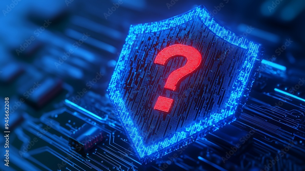 Poster digital security concept with illuminated shield and red question mark over a circuit board backgrou