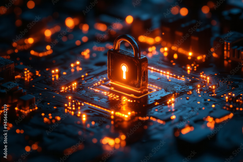 Poster Abstract cybersecurity with digital locks and networks in a dark, high-contrast environment,