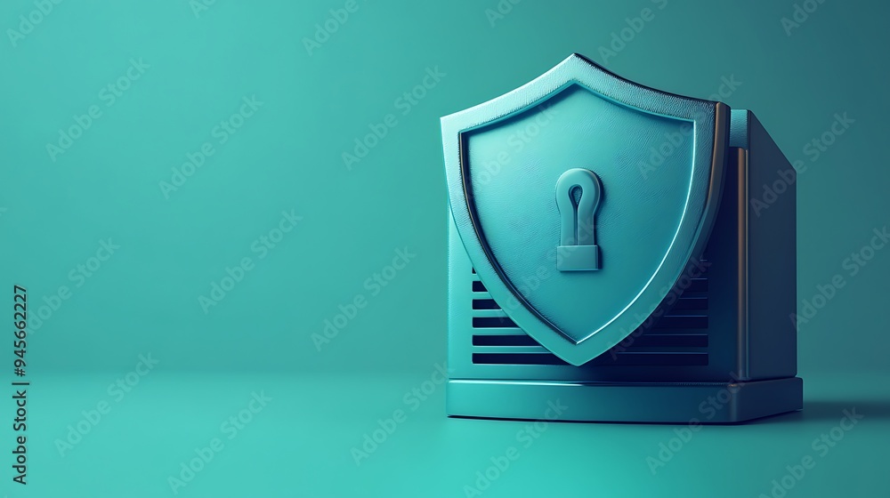 Poster digital security concept with shield and keyhole on server. modern data protection and internet safe