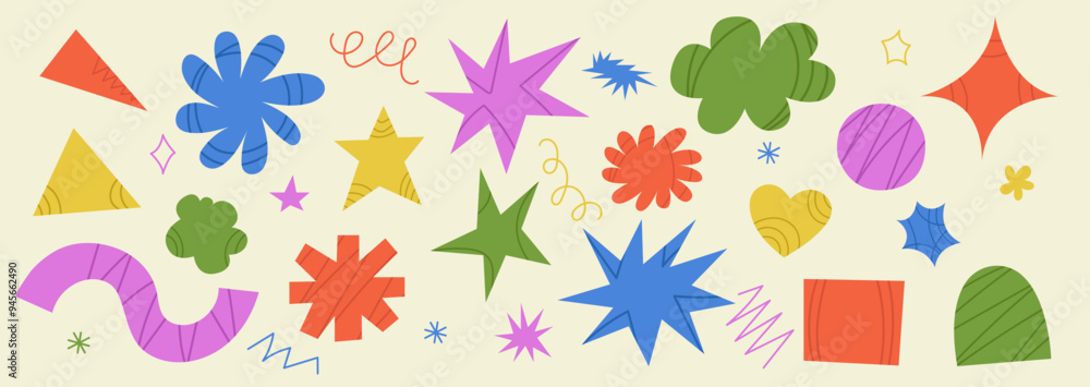 Poster set of abstract playful shape. retro spiked explosion stickers. bursting multicolored textured star.