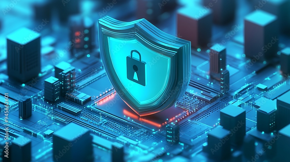 Aufkleber digital security shield on a futuristic circuit board, representing cybersecurity and data protectio