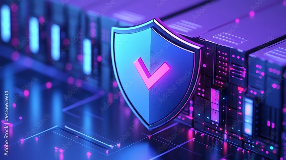 Poster digital security shield protecting data servers, representing cybersecurity and data protection in a