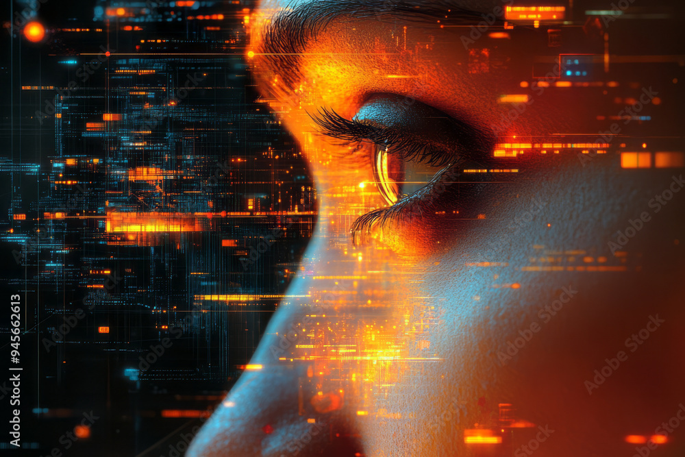 Poster creative abstract concept of artificial intelligence with digital patterns and human elements,