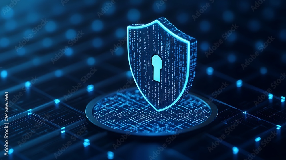 Poster digital security shield protecting data with a glowing lock symbol. concept of cyber protection and 