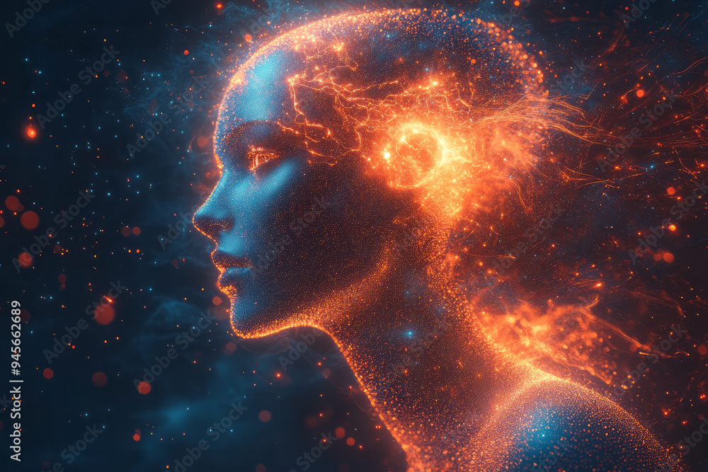Poster Creative abstract concept of artificial intelligence with digital patterns and human elements,