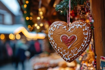 Heart-shaped Lebkuchen gingerbread hanging at a festive market during Oktoberfest