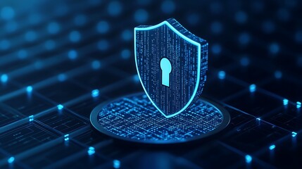 Digital security shield protecting data with a glowing lock symbol. Concept of cyber protection and information safety in a digital world.