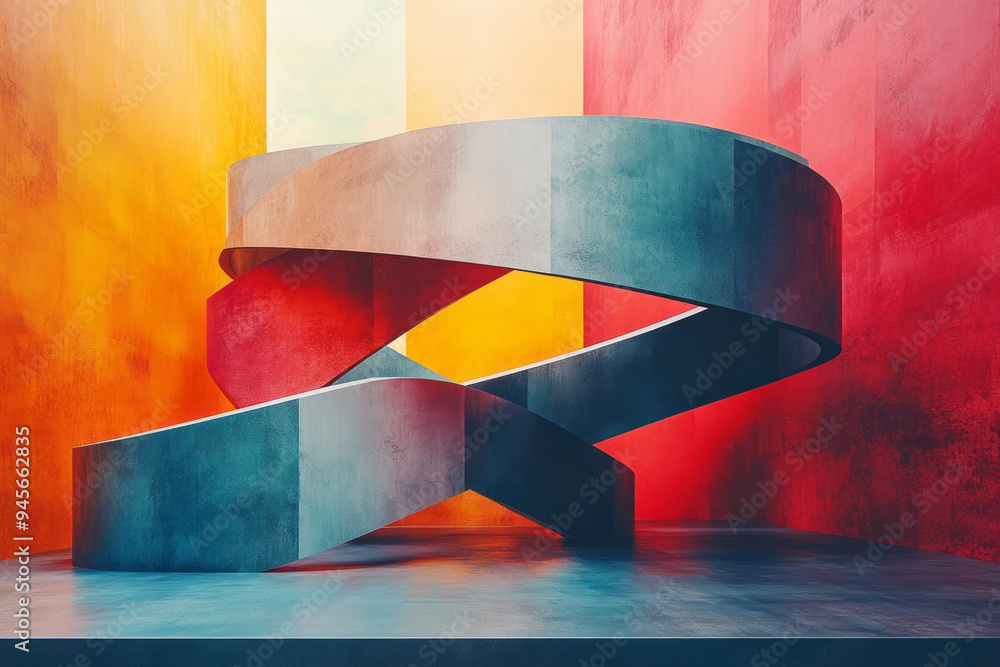 Poster A minimalist abstract representation of teamwork using intertwined geometric shapes,