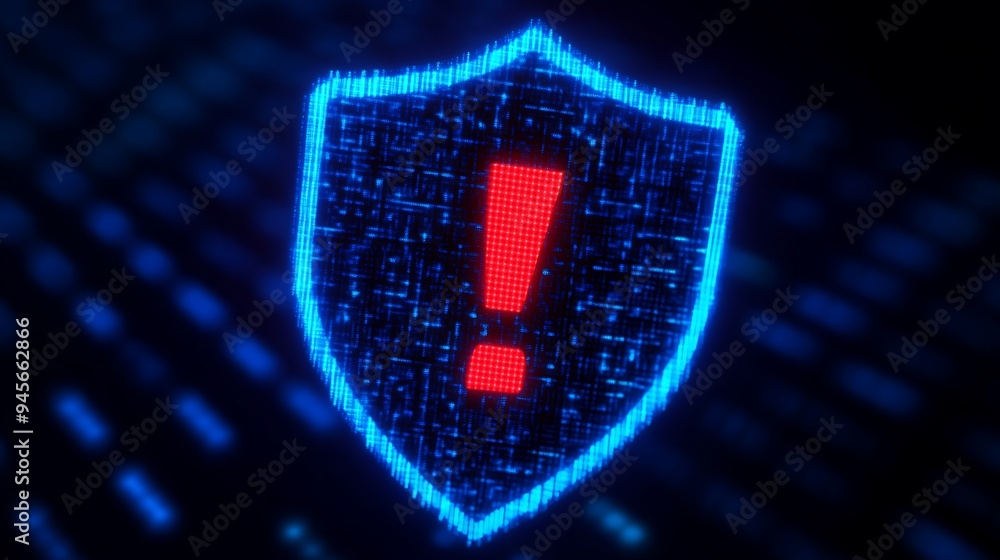 Poster digital security shield with a red exclamation mark, representing cybersecurity alert and data prote