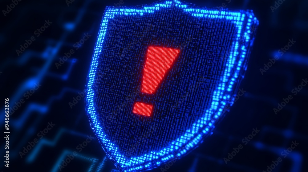 Poster digital security shield with a red exclamation mark, representing alert or warning in cybersecurity.