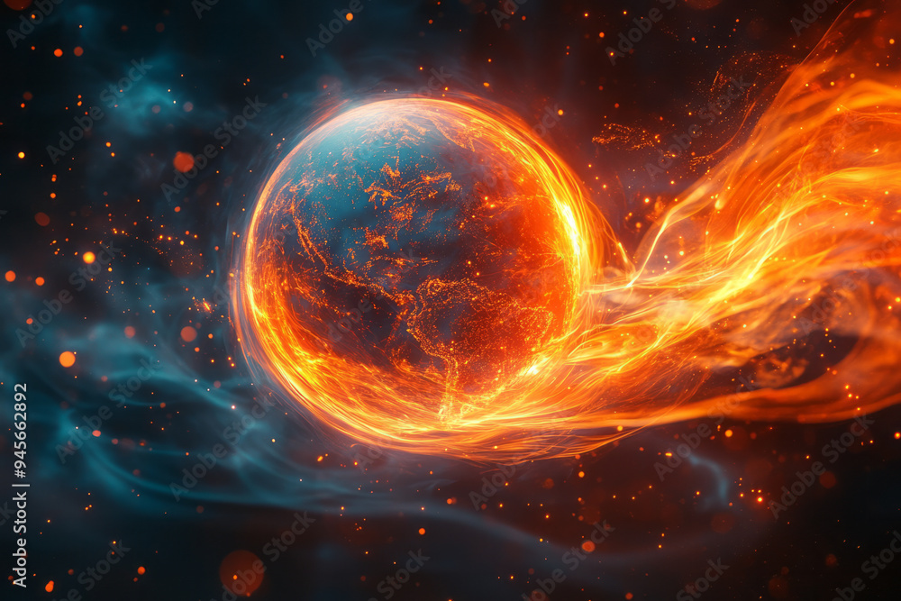 Poster an abstract portrayal of global connectivity with swirling lines and globe imagery,