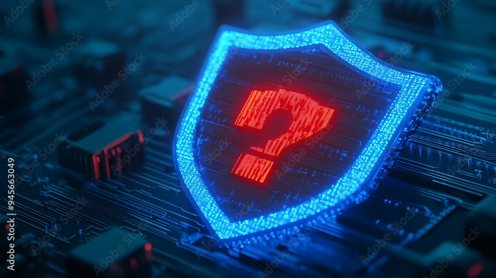 Poster digital security shield with a red question mark symbol on a circuit board, representing cybersecuri