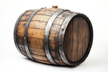 Traditional wooden beer barrel with metal hoops on a white background