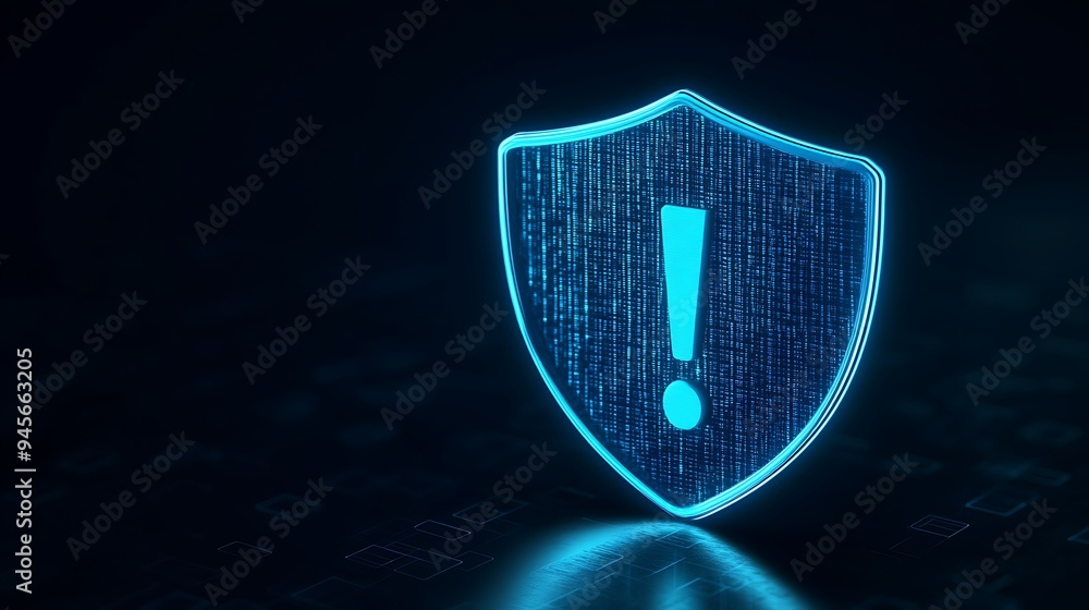 Poster digital security shield with an exclamation mark. cybersecurity warning concept. blue neon light on 