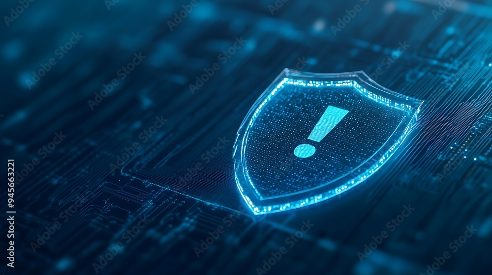 Poster digital security shield with an exclamation mark on a blue technological background, representing cy