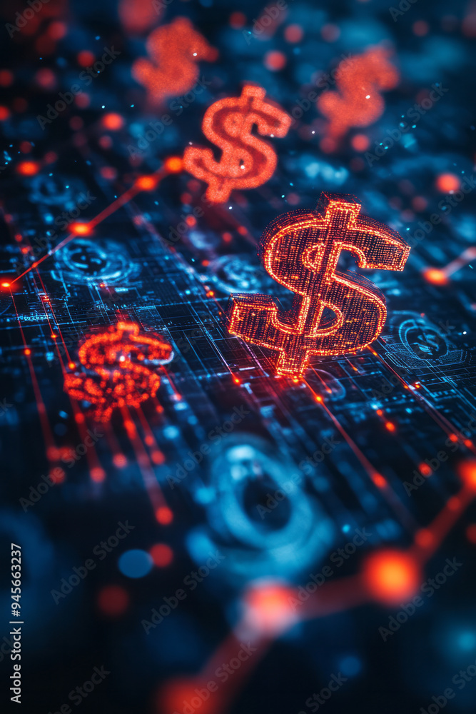 Poster conceptual depiction of financial growth with ascending lines and abstract dollar symbols,