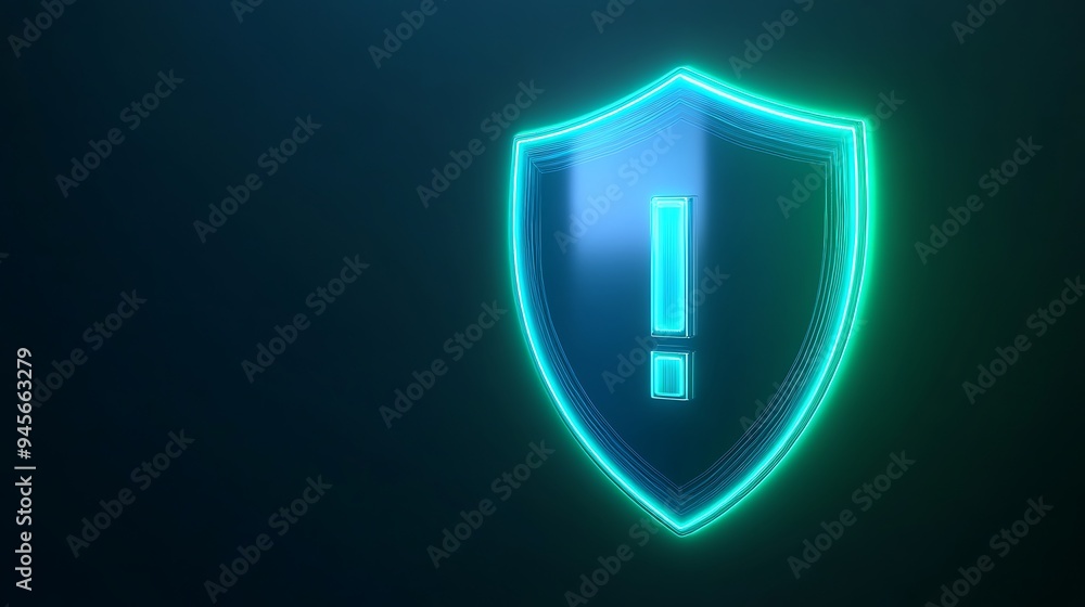 Poster digital security shield with exclamation mark indicating a warning or alert on cybersecurity. glowin