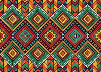 Vibrant, abstract African-inspired patterns featuring geometric shapes, tribal motifs, and bold colors in a seamless, repeatable design perfect for textiles, wallpapers, and graphic designs.