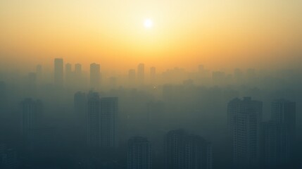 Fototapeta premium Dense smog enveloping Asian skyscrapers, barely visible sun, heavy pollution from factories and vehicles