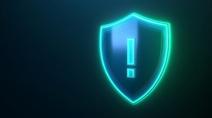 Digital security shield with exclamation mark indicating a warning or alert on cybersecurity. Glowing blue and green on dark background.