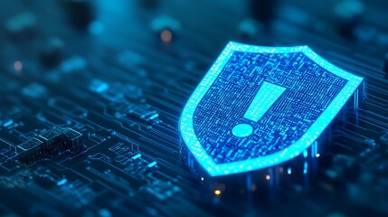 Digital security shield with exclamation mark icon on a circuit board background, symbolizing data protection and cybersecurity.
