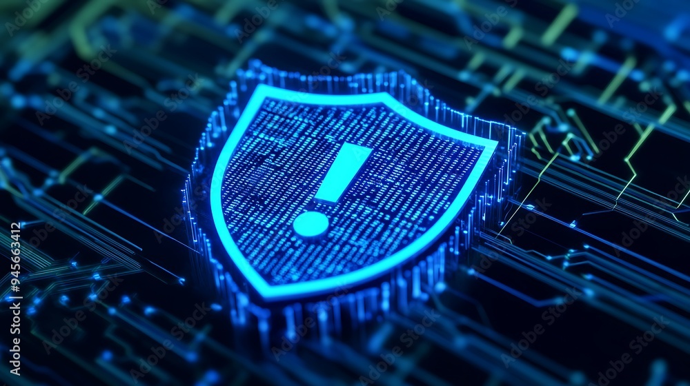 Poster digital security shield with exclamation mark on circuit board signifies cybersecurity threat protec