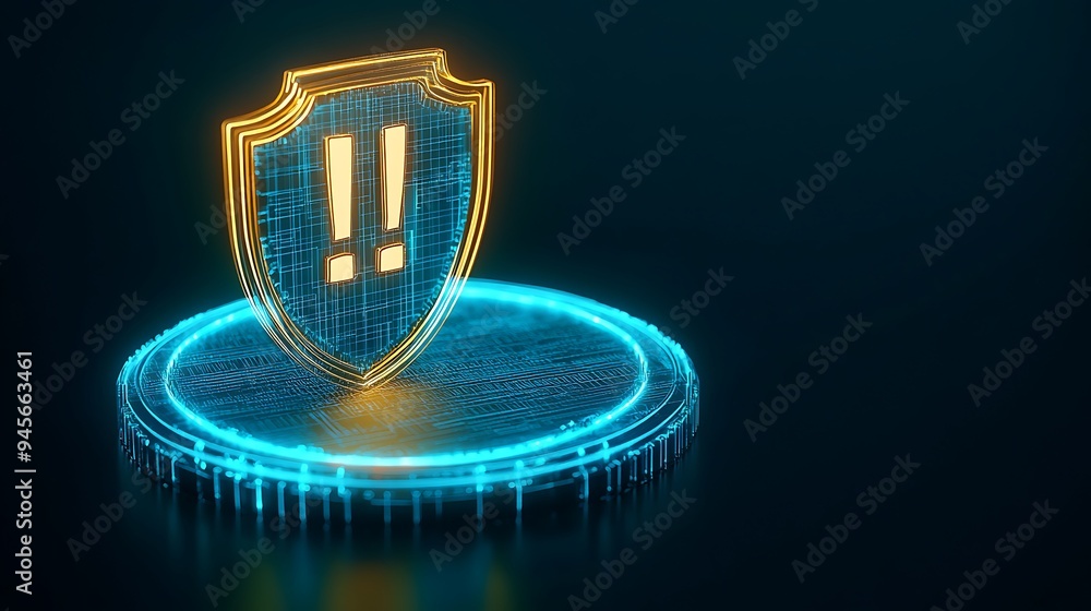 Poster digital security shield with exclamation mark over a glowing circular platform, symbolizing cybersec