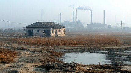 Polluted Asian village surrounded by contaminated farmland, industrial factories in the distance, suffering locals