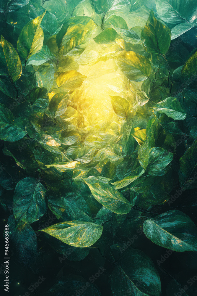 Poster abstract representation of renewable energy sources blending with natural elements,