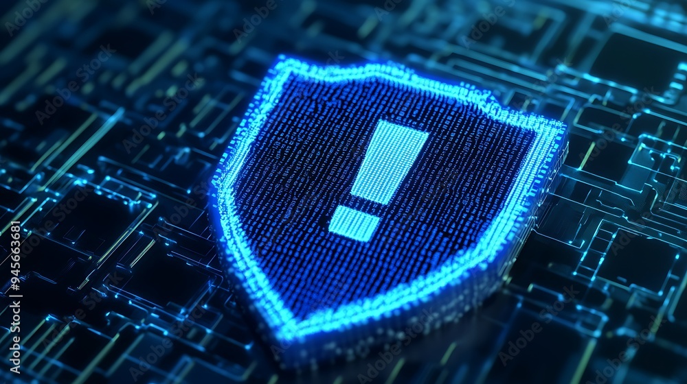 Poster digital security shield with exclamation mark, representing cybersecurity and protection on a blue c