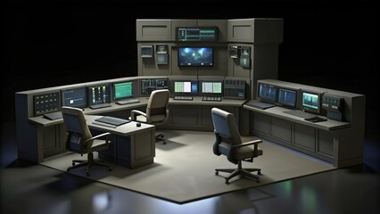 Naklejka premium A Modern Control Room with Multiple Monitors and Desks