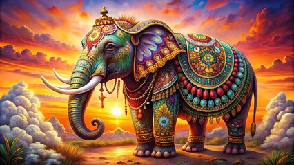 Fototapeta premium Vibrant, colorful, and intricately detailed illustration of an Indian elephant adorned with ornate decorations, jewelry, and patterns, set against a bold, sunset-inspired background.