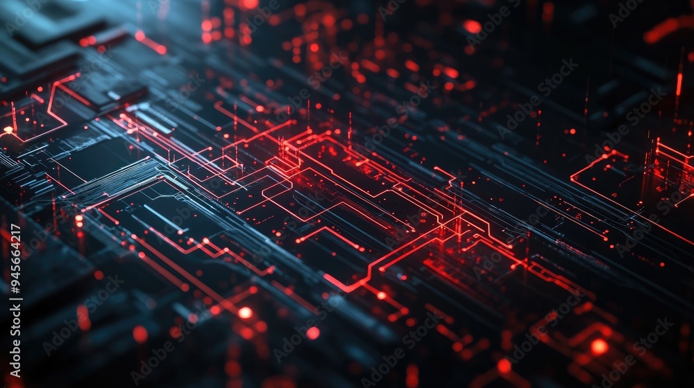 Poster a high-tech cybersport scene with a dark, abstract background, featuring glowing circuits and sharp 