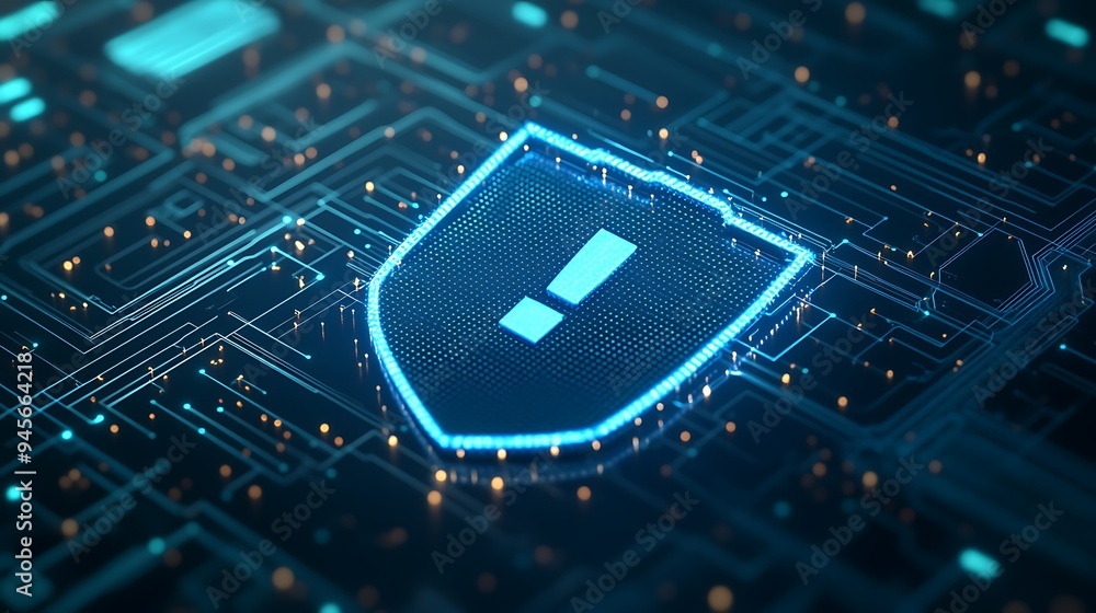 Poster digital security visualized with a glowing shield icon on a circuit board background, symbolizing da