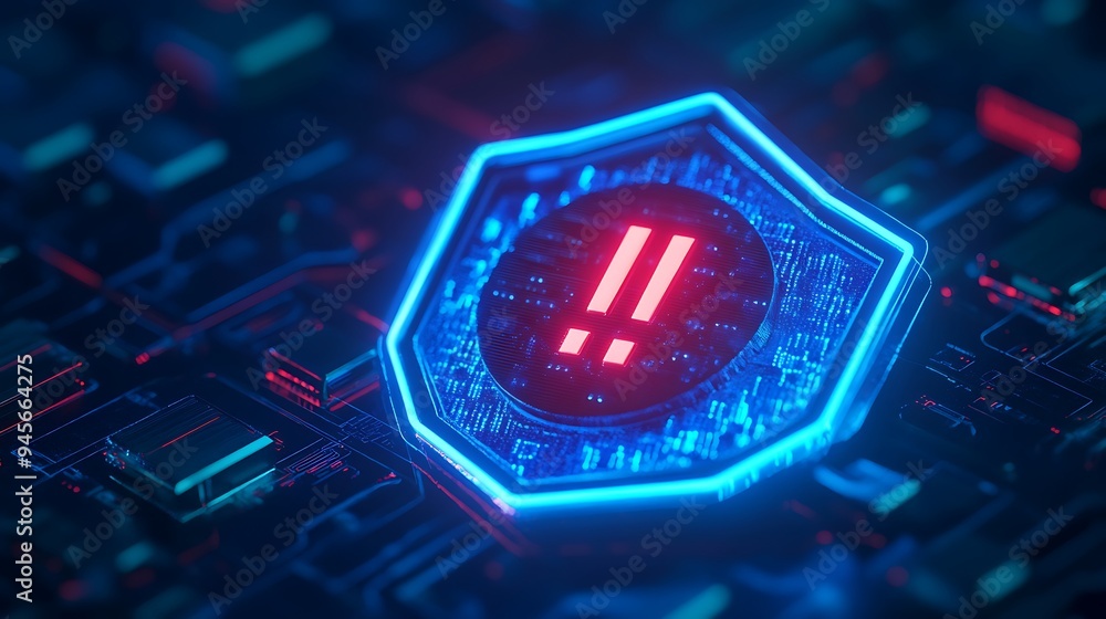 Poster digital security warning icon with exclamation marks on an abstract circuit board, symbolizing cyber