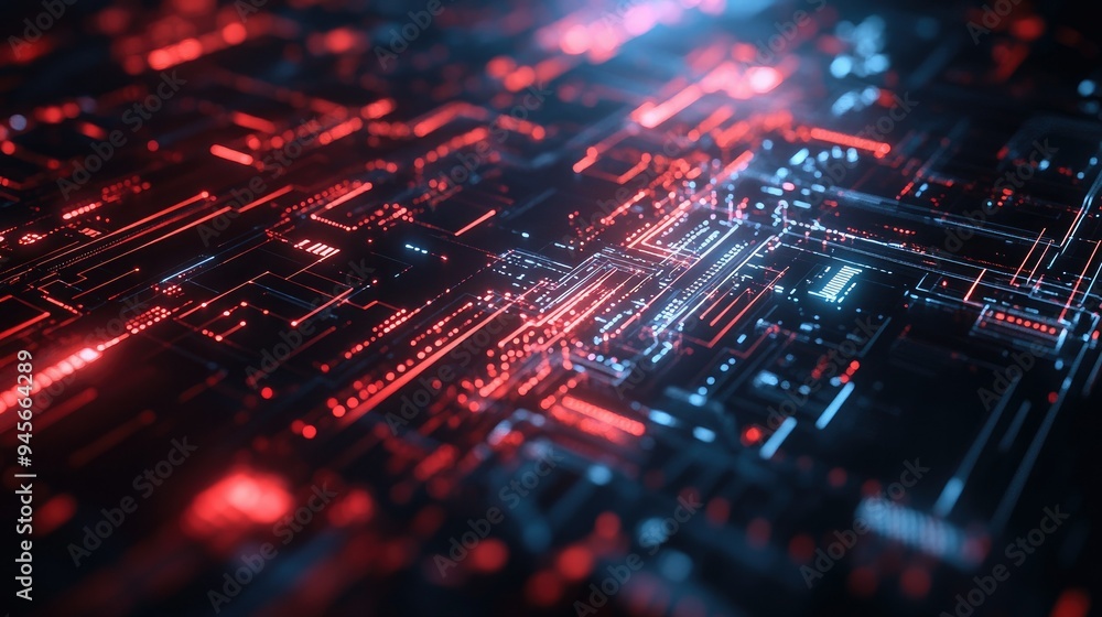 Poster a high-tech cybersport scene with a dark, abstract background, featuring glowing circuits and sharp 