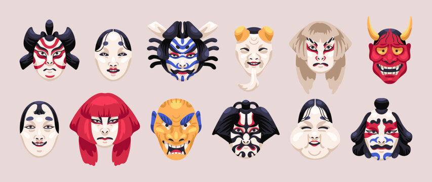 Traditional mask for Japanese Kabuki theater set. Different patterned faces of Gods and demons of Japan culture. Festive icons of namahage, okame for noh theatre. Flat isolated vector illustrations