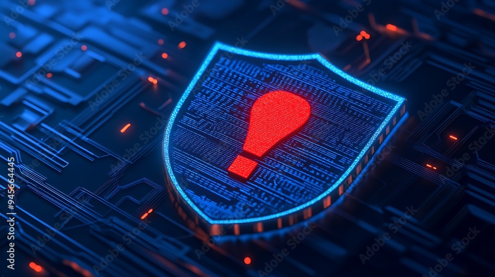 Poster digital security warning symbol on a futuristic blue and red circuitboard, highlighting cybersecurit