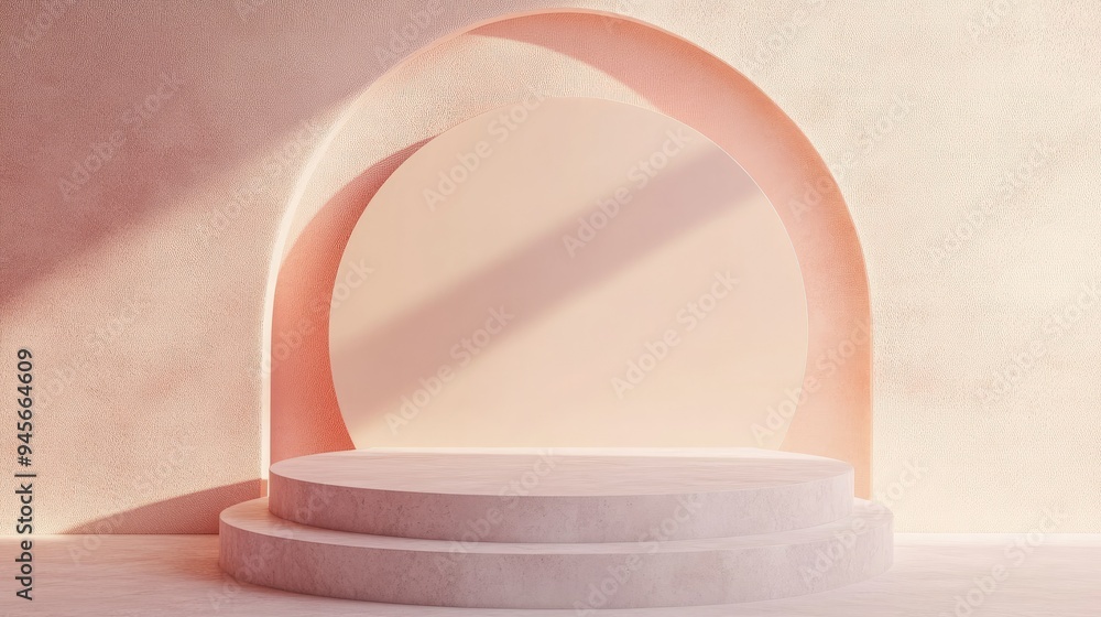 Poster a minimalist 3d rendering of an abstract platform podium with clean lines and subtle textures, set a