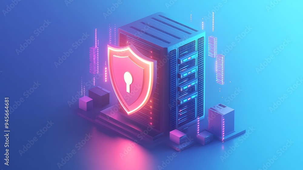 Poster digital server security concept with shield icon and neon lights representing cybersecurity, data pr