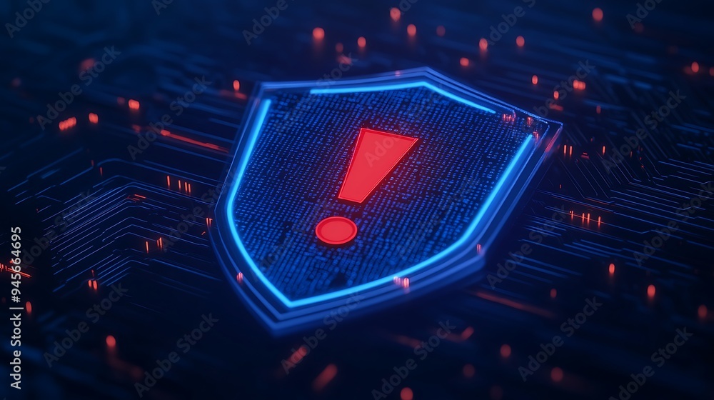 Poster digital security warning with an exclamation mark inside a shield, signifying a cyber threat or aler