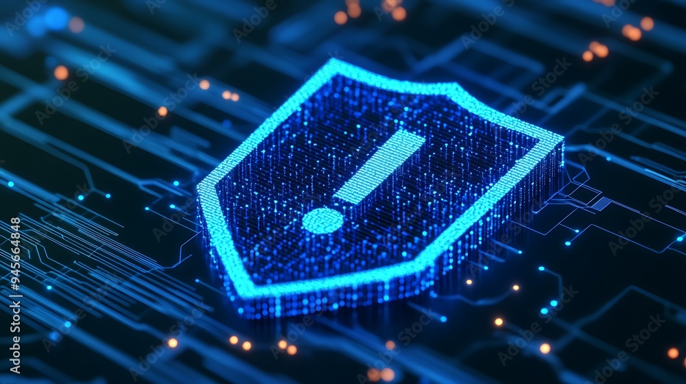 Poster digital shield hologram with exclamation mark representing cybersecurity alert on a futuristic circu