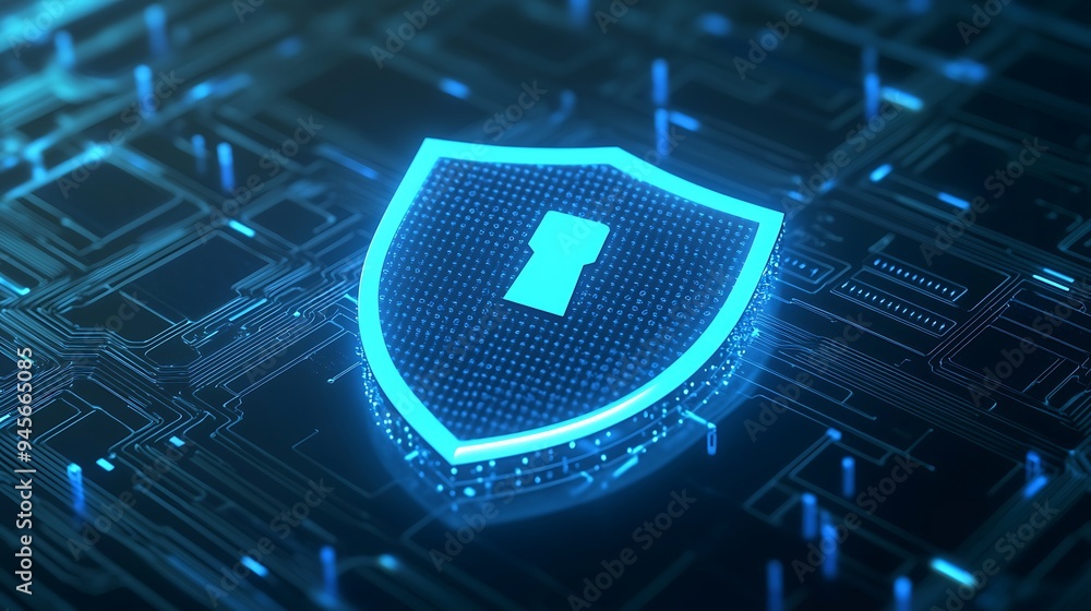 Poster digital shield icon on a futuristic circuit board, representing data protection and cybersecurity in
