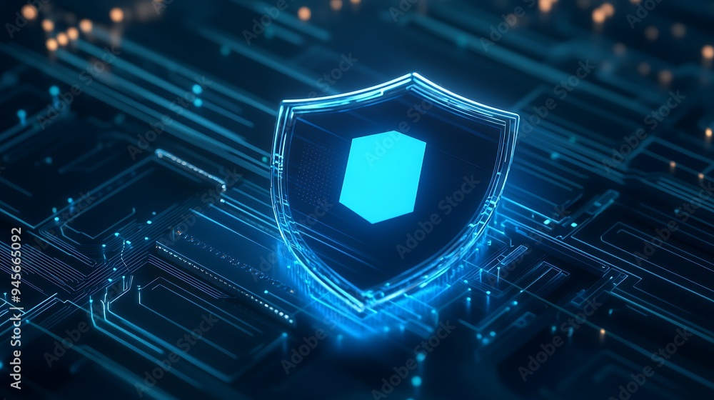 Poster digital shield icon on futuristic circuit board background symbolizing cybersecurity, data protectio