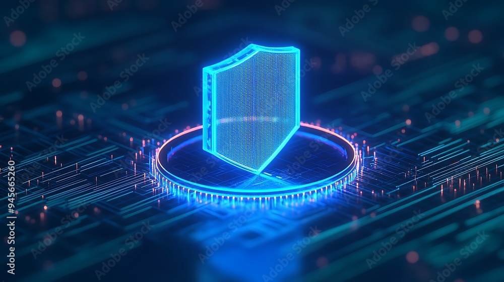 Poster digital shield icon symbolizing cybersecurity and data protection in the form of futuristic technolo