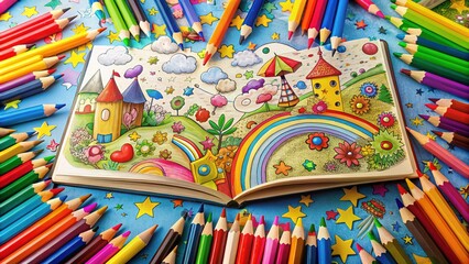 Obraz premium Vibrant, creative scene of colourful pencils and crayons scattered around an open children's colouring book, surrounded by scribbled artwork and imagination-inspired doodles.
