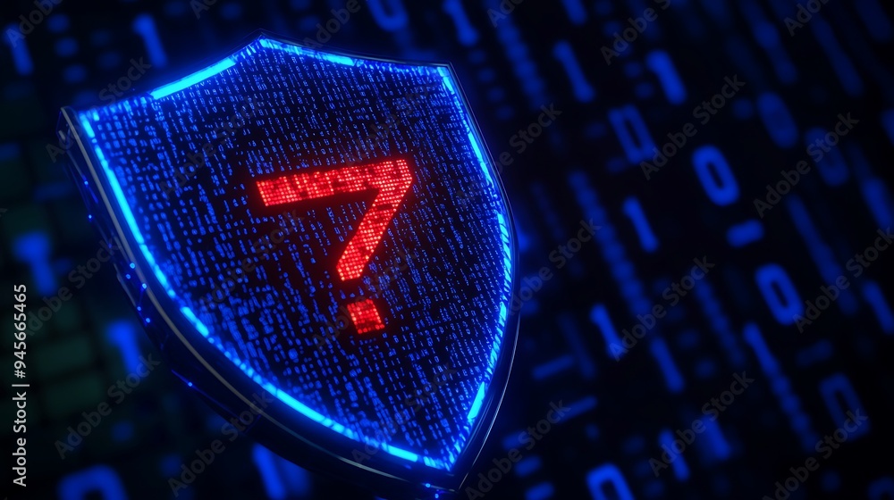 Poster digital shield icon with question mark, representing cybersecurity and network protection, on a dark