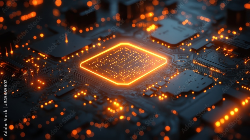 Poster futuristic circuit board design with glowing lines and intricate patterns