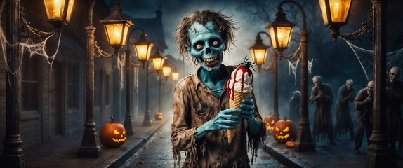 Obraz premium Halloween concept with a scary zombie eating a strawberry ice cream on a spooky street